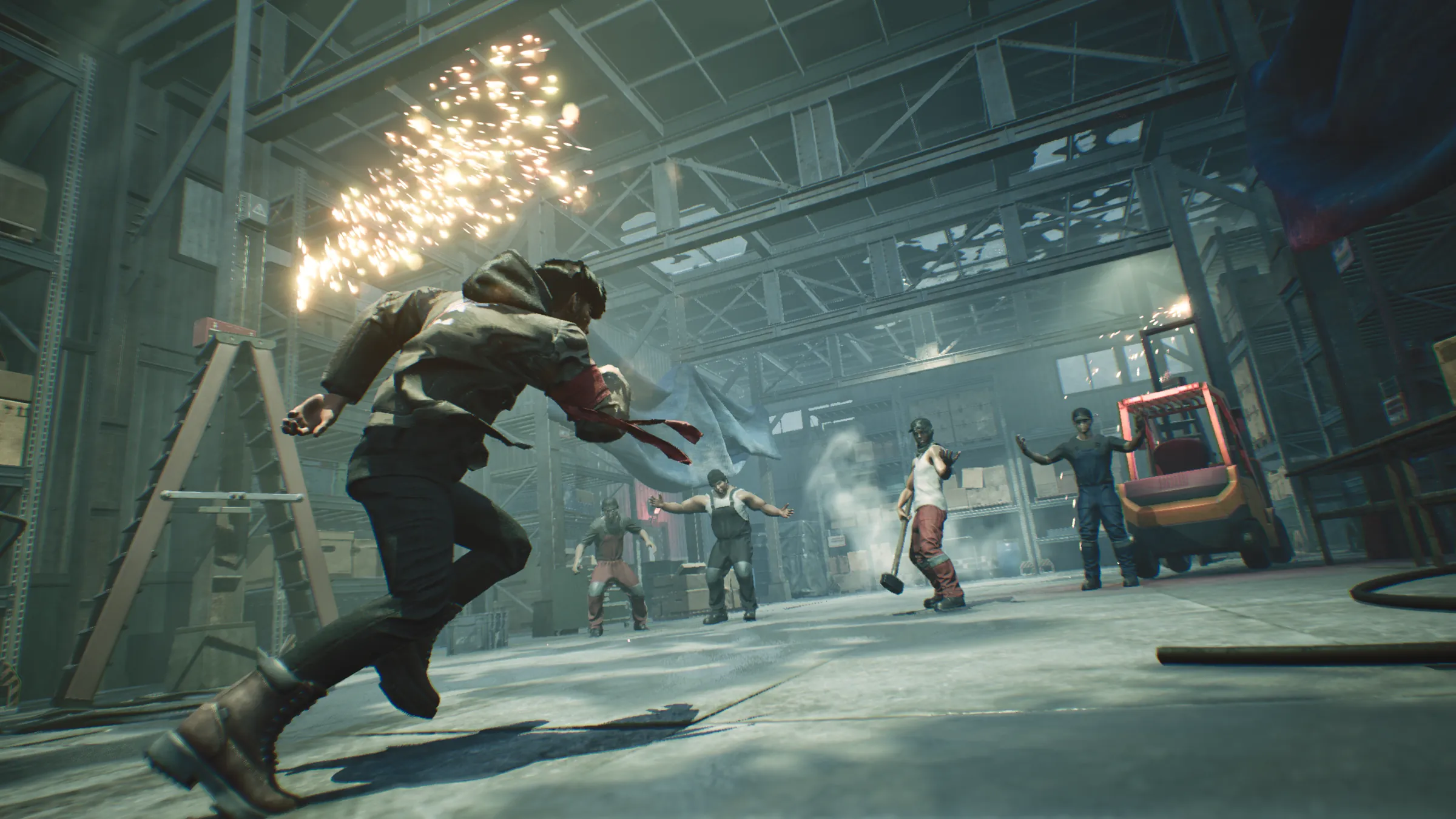 Hendra charging through a warehouse as sparks fly