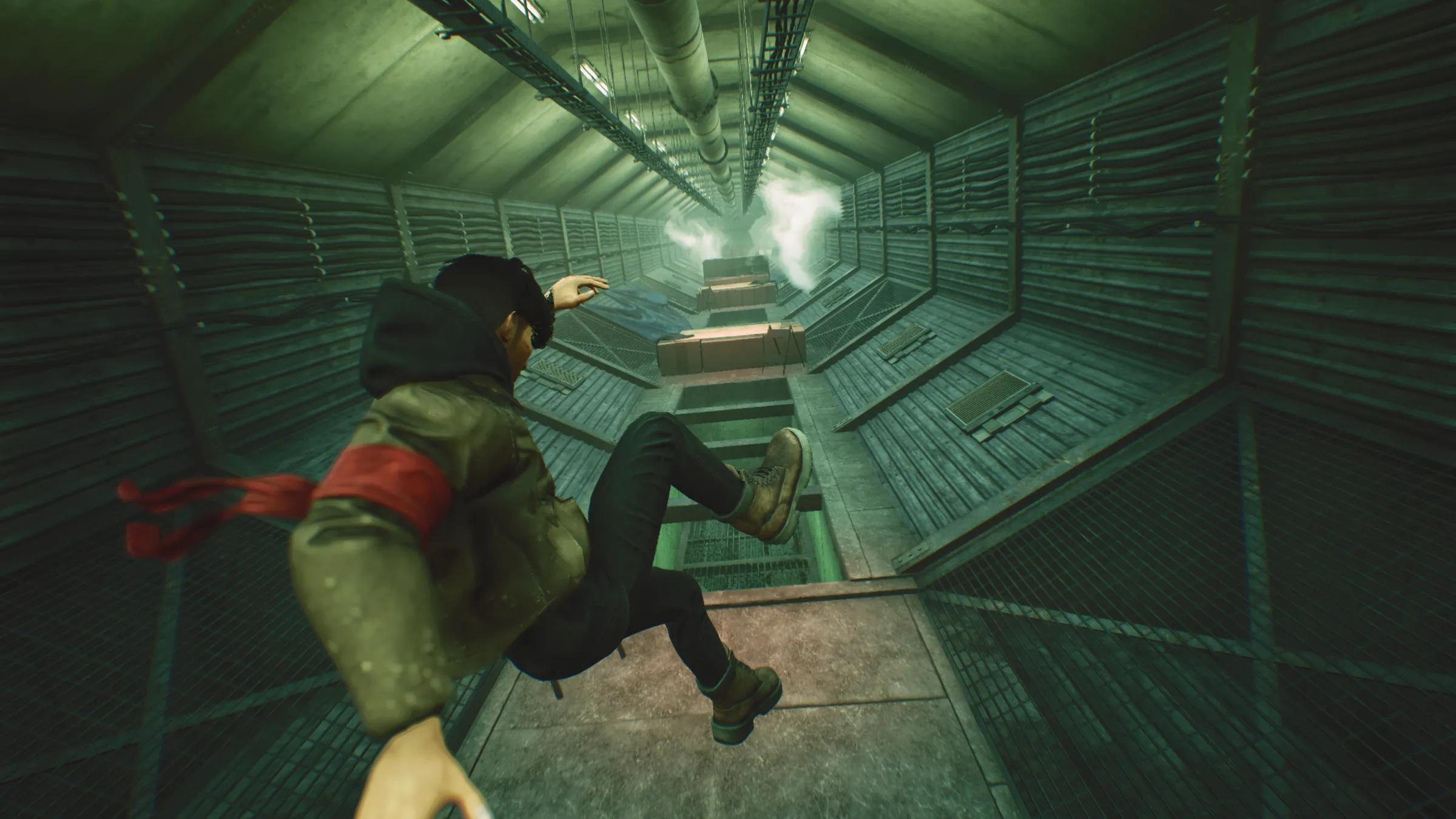 Hendra mid-kick down a green-lit corridor