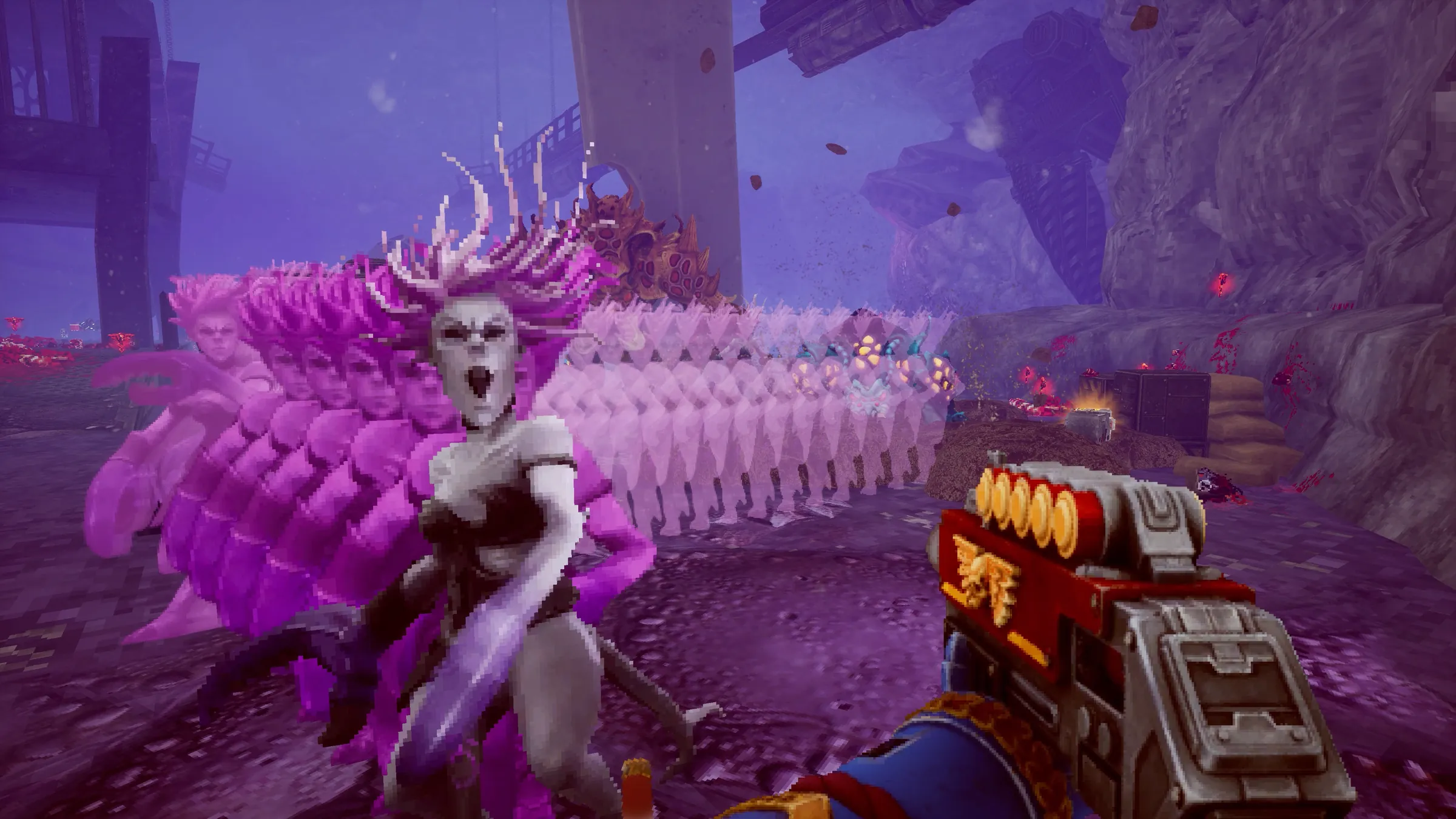 A daemonette of Slaanesh in a pink haze