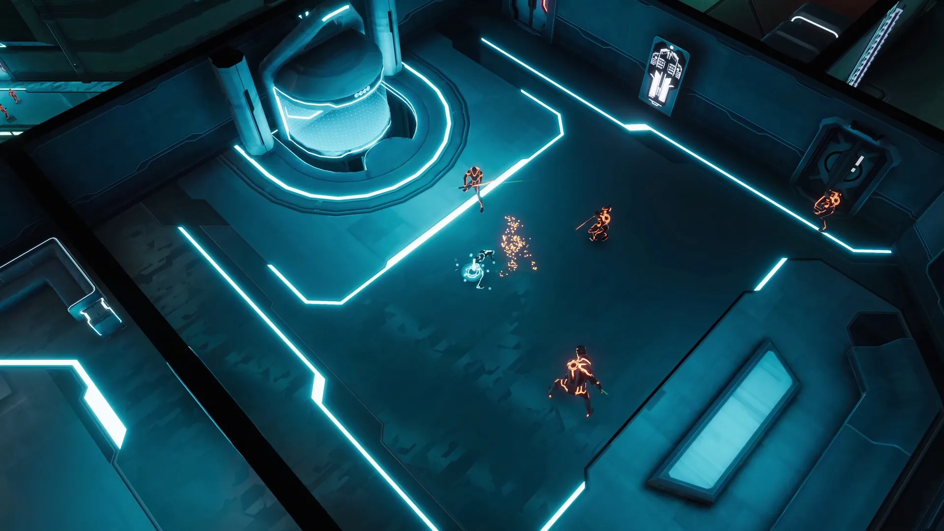 Exo crossing a neon plaza in the Arq Grid