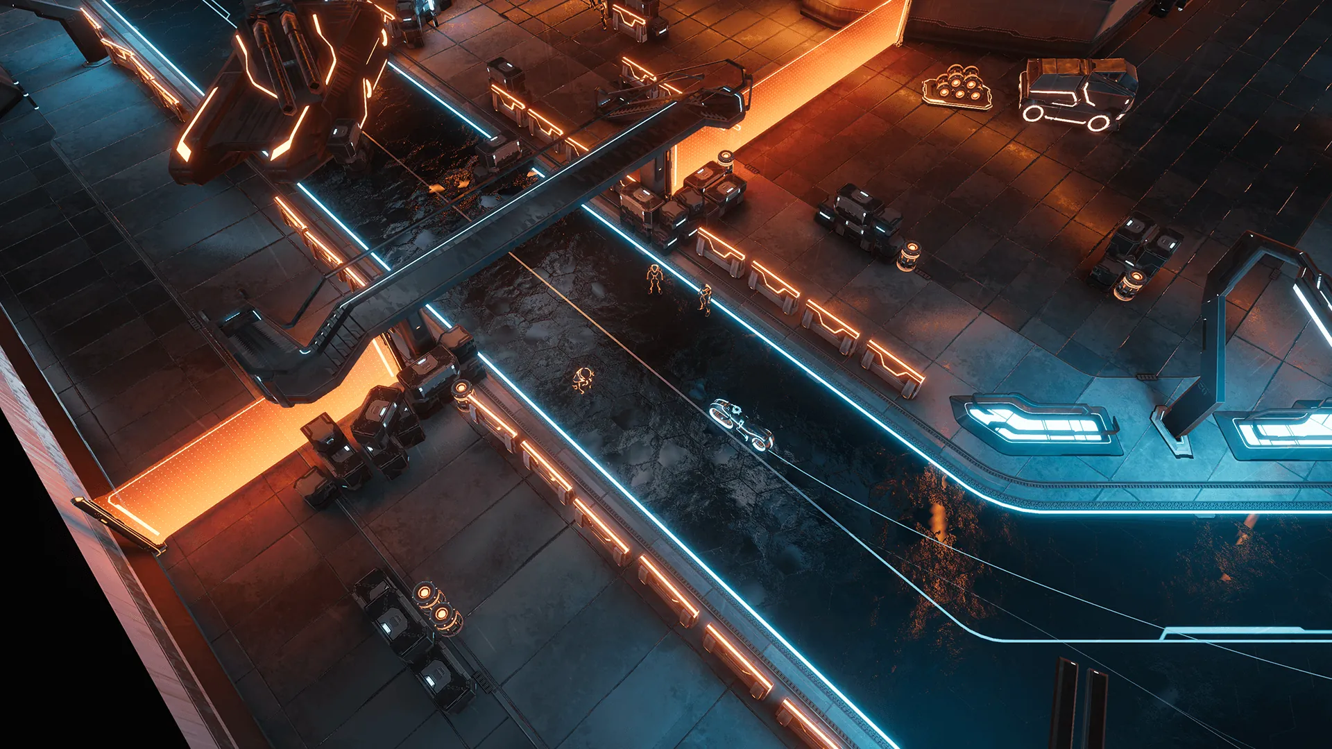 Orange-lit streets of the Arq Grid from above